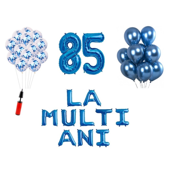 Комплект 33 балона, Happy Birthday, 85th birthday, фолио цифри 100 см, сини