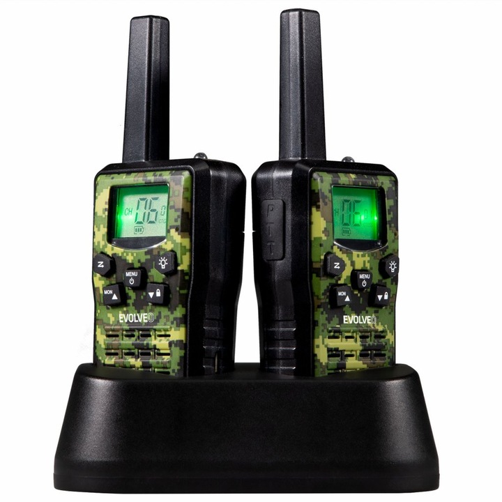 Evolveo FreeTalk 2W - PMR 2 db Walkie-Talkie állomás készlet, hatótáv 15 km, töltőbázis, 5 csatorna, 446 MHz / 0,5 W, 3 csatorna 448 MHz / 2 W, akkumulátor 1300 mAh BL-5C, övcsipesz, zseblámpa lámpa