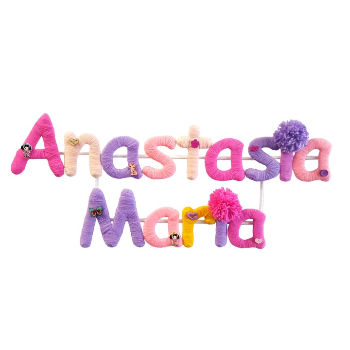 Ръчно изработена декорация за детската стая с персонализирано име Анастасия Мария 70х31 см многоцветна