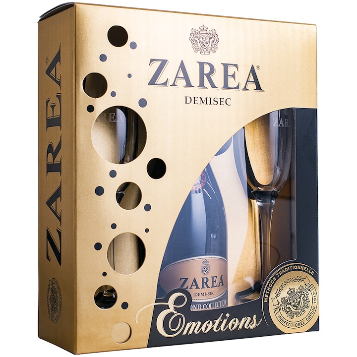 Pachet Zarea Emotion Vin Spumant Zarea Diamond Collection DemiSec +2 Pahare, 0.75l