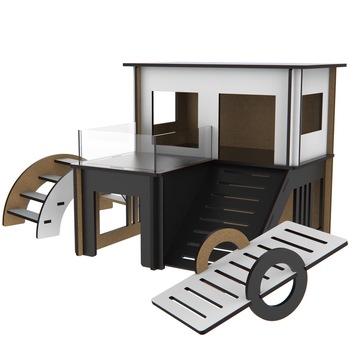 Cusca Premium Case, tip casuta loc de joaca, din lemn, pentru Hamster, cu 2 etaje, scara si balansoar, 19x19x17cm, alb/negru Cusca Premium Case, tip casuta loc de joaca, din lemn, pentru Hamster, cu 2 etaje, scara si balansoar, 19x19x17cm, alb/negru