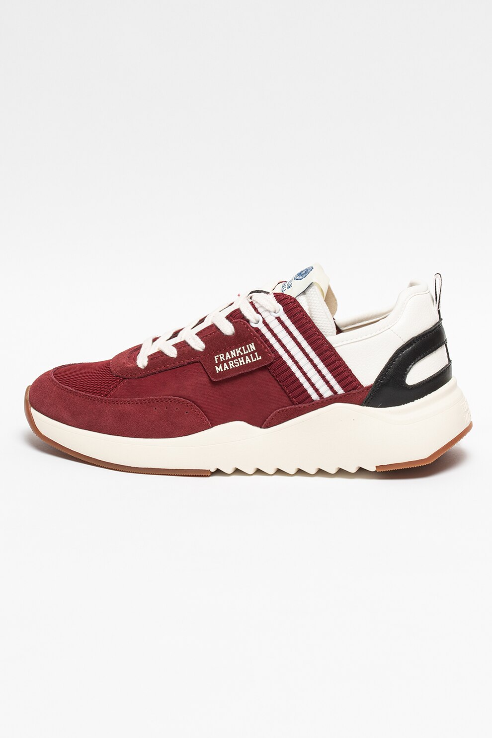 Franklin & Marshall, Pantofi sport cu model colorblock si segmente de piele intoarsa Alpha Team, Rosu Bordeaux/Alb, 40