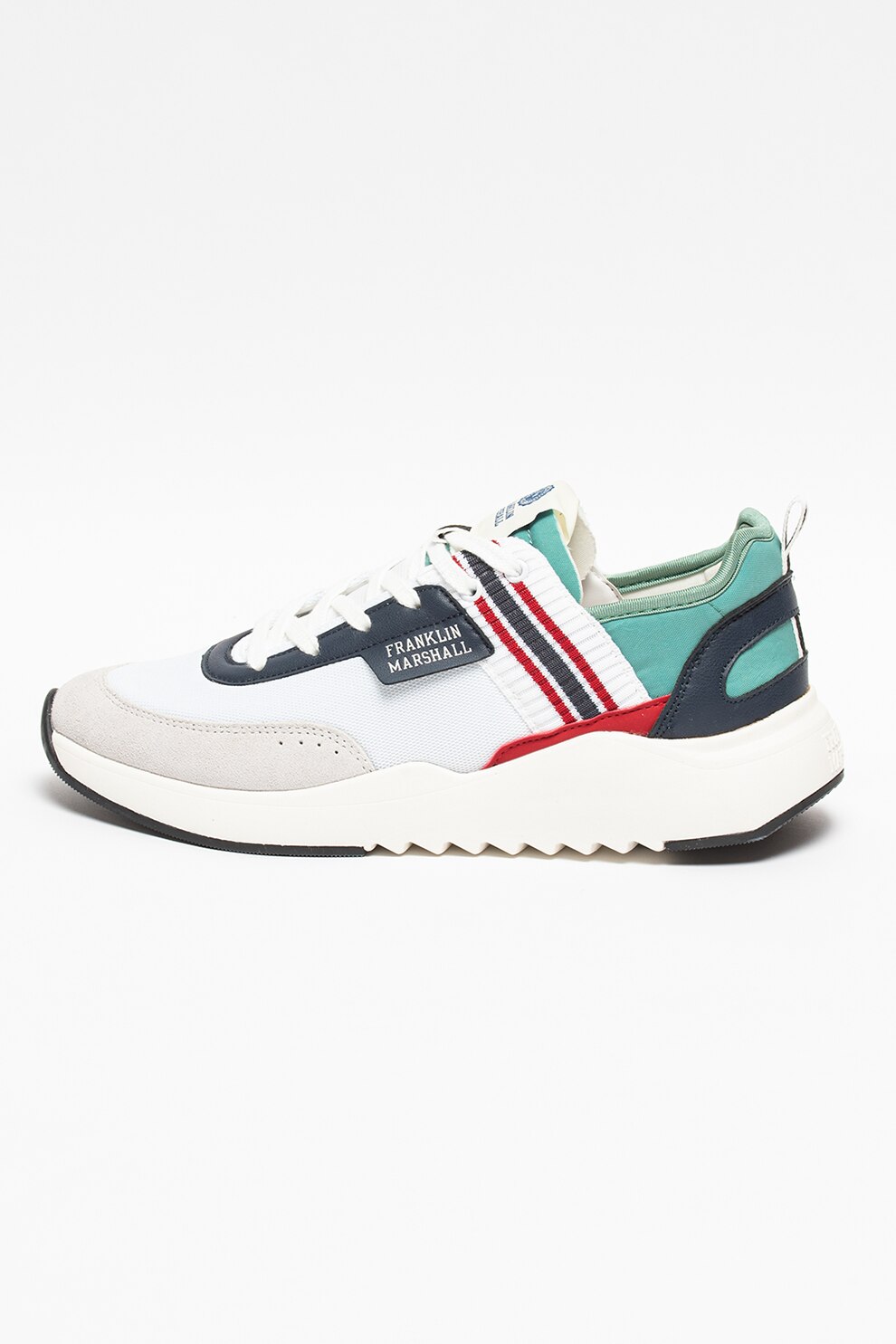 Franklin & Marshall, Pantofi sport colorblock cu garnituri de piele intoarsa Alpha Nimble, Alb/Turcoaz/Bleumarin, 45