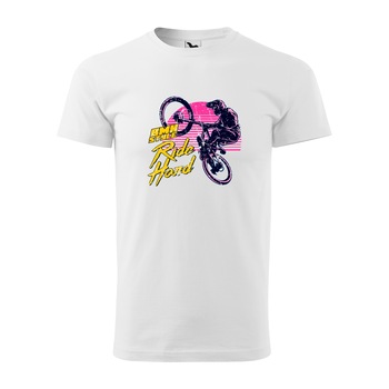 Tricou alb barbati, idee de cadou, pentru biciclisti de BMX, Style Ride Hard, marime XS