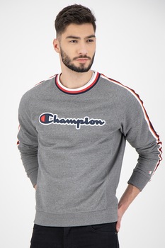Champion, Pulover cu decolteu la baza gatului si logo Rochester, Gri inchis melange/Bleumarin/Alb, S Champion, Pulover cu decolteu la baza gatului si logo Rochester, Gri inchis melange/Bleumarin/Alb, S
