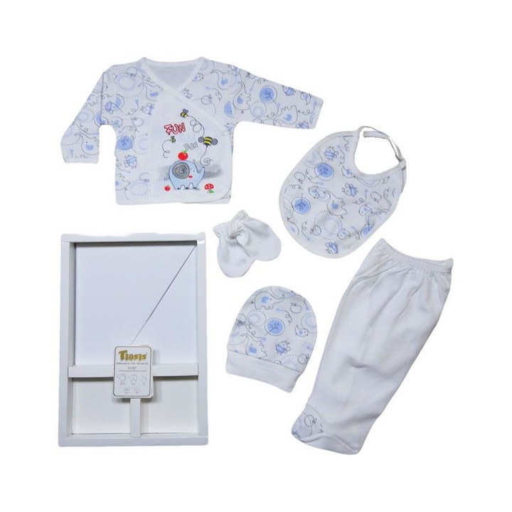 Set cadou Bebelusi/Compleu 5 piese, TIASIS model Fun Elephant, 100% Bumbac, 0-3 luni, Alb/Bleu