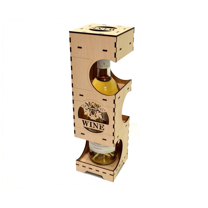 Cutie sticla de vin woodmag v1.8, capac, rack 3 sticle, lemn natur, 9.6 x 9.6 x 36 cm