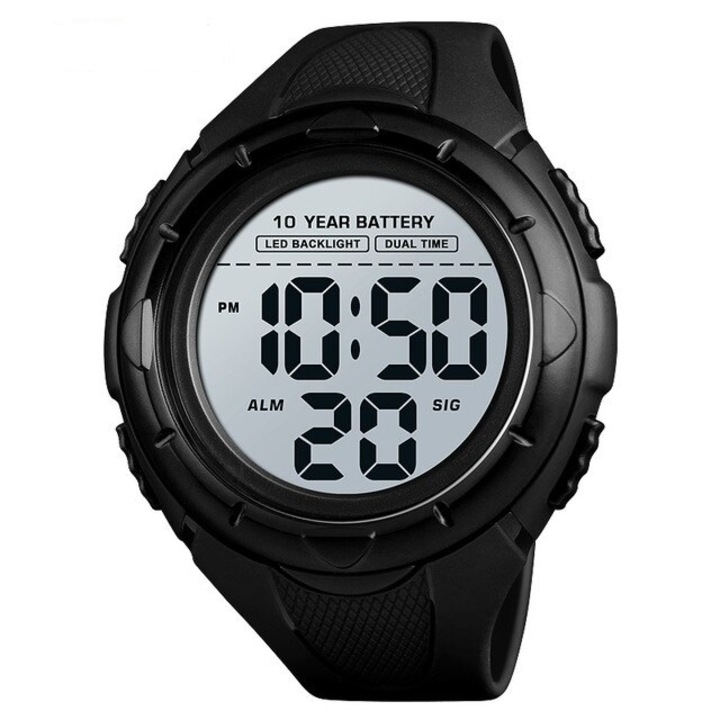Мъжки часовник Skmei, цифров, спортен, хронометър, аларма, подсветка, 5 ATM, черен