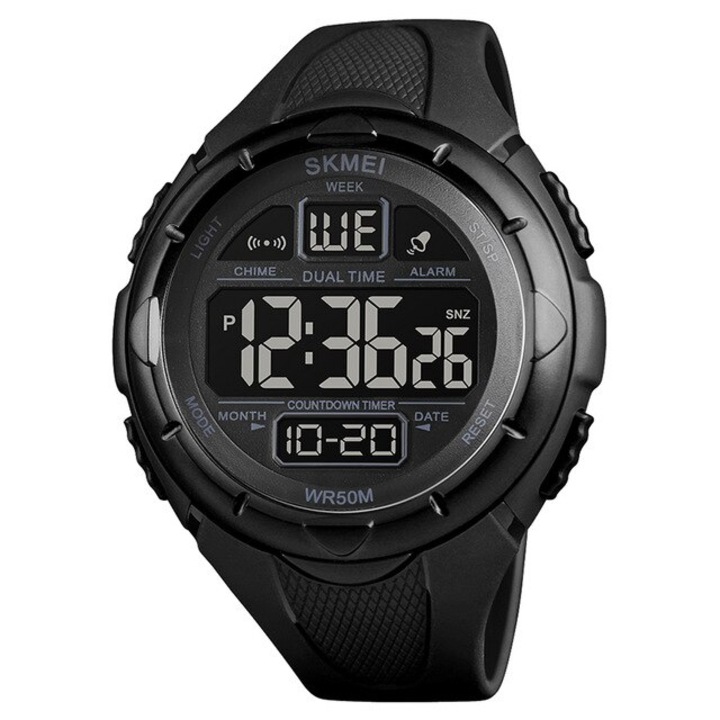 Мъжки часовник Skmei, спортен, цифров, 5 банкомата, аларма, хронометър, календар, черен