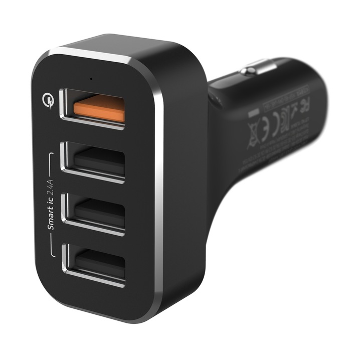 LAB.C Autós 3xUSB + USB QC3.0 gyorstöltő, 54W, Fekete