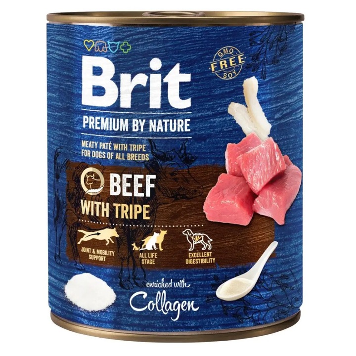 Hrana umeda pentru caini Brit Premium, Beef With Tripes, 800g
