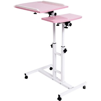 Masuta laptop reglabila, mini birou cu roti, blat din lemn si cadran otel, roz, buz Masuta laptop reglabila, mini birou cu roti, blat din lemn si cadran otel, roz, buz