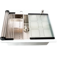 set chiuveta bucatarie inox si sticla alba temperizata cookingaid tempered glass white cu 4 accesorii scurgator vase  gratar inox  dozator sapun  tocator personalizat sticla 620 mm x 505 mm adancime cuva 220mm montare pe blat finisaj satinat imagen 45_0_
0