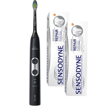 Pachet promo: Periuta electrica sonica Philips Sonicare ProtectiveClean 6100 HX6870/57, 62000 miscari/minut, 3 moduri de curatare, 3 intensitati, senzor presiune, functie BrushSync, sterilizator UV, toc de transport, 1 cap, Negru + Duo Pack Sensodyne Repa Pachet promo: Periuta electrica sonica Philips Sonicare ProtectiveClean 6100 HX6870/57, 62000 miscari/minut, 3 moduri de curatare, 3 intensitati, senzor presiune, functie BrushSync, sterilizator UV, toc de transport, 1 cap, Negru + Duo Pack Sensodyne Repa