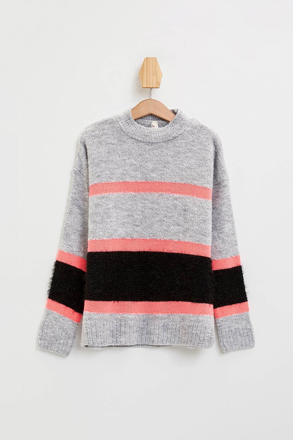 DeFacto, Pulover cu decolteu la baza gatului si model in dungi, Gri melange/roz/negru