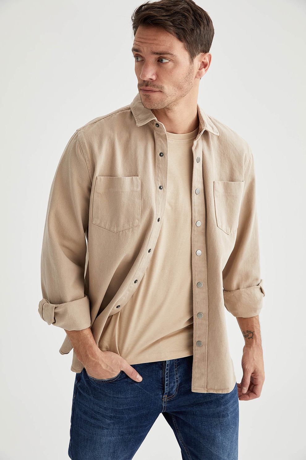 DeFacto, Camasa de bumbac cu capse, Maro camel
