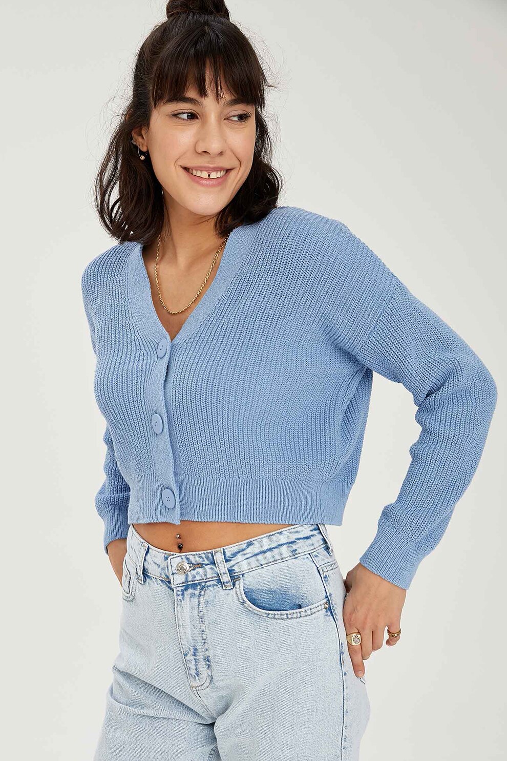 DeFacto, Cardigan crop cu decolteu in V, Albastru lavanda