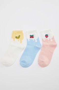 DeFacto, Set de sosete scurte cu imprimeu - 3 perechi, Alb/Albastru/Roz, One Size DeFacto, Set de sosete scurte cu imprimeu - 3 perechi, Alb/Albastru/Roz, One Size