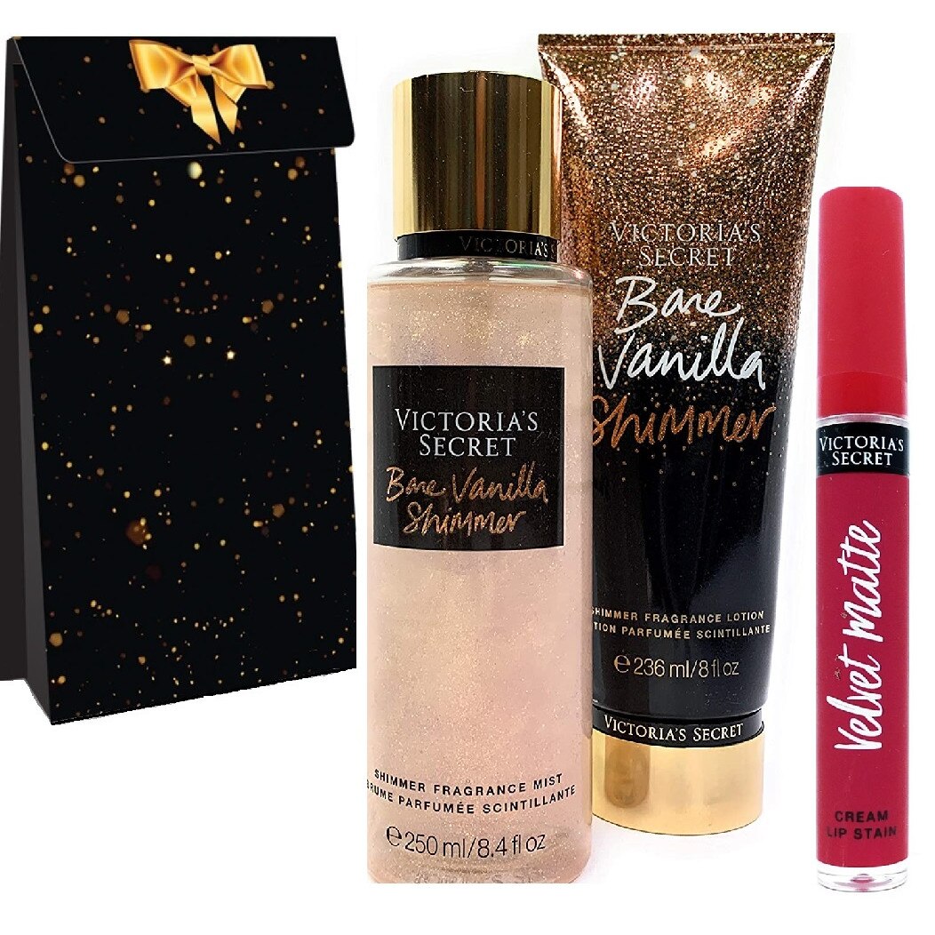 Set Victoria Secret, Bare Vanilla Shimmer, Spray de corp 250 ml si Lotiune de corp 236 ml+ Ruj rezistent la transfer Velvet Matte
