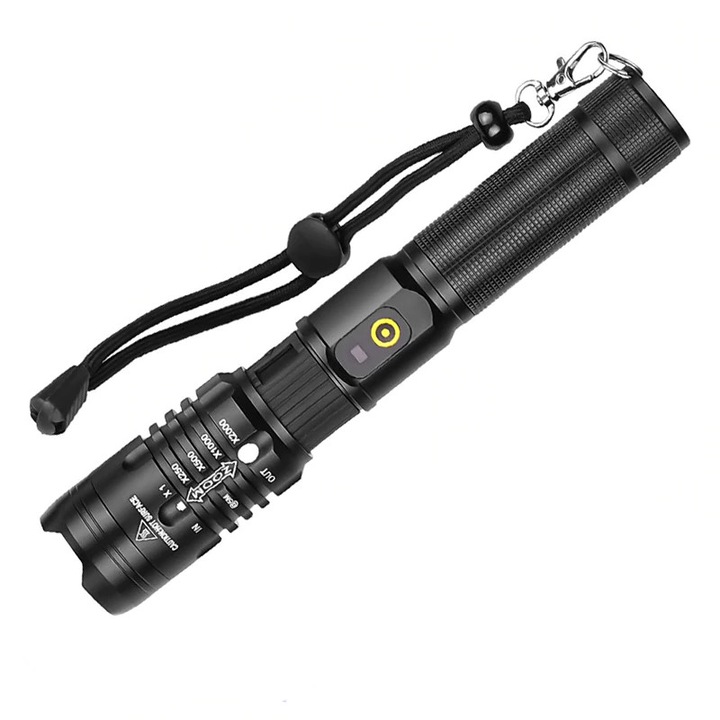 Techone® SK1919 LED фенер, алуминий, източник XHP50, професионален, регулируем фокус, батерия, водоустойчивост, USB зареждане, 2500 лумена, черен