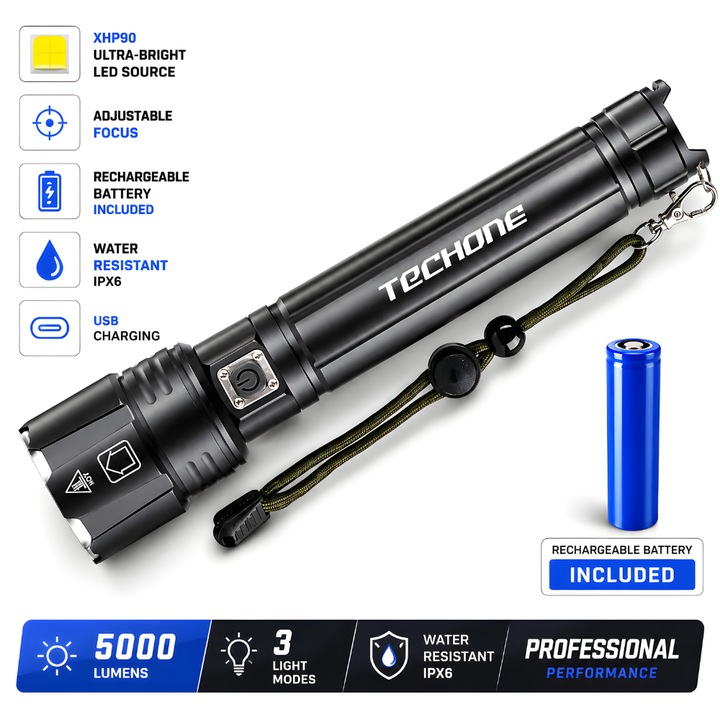 Lanterna tactica LED Techone® SK1910, din aluminiu, sursa XHP90 Ultra-Bright, profesionala, focus ajustabil, acumulator inclus, rezistenta la apa, incarcare USB, 5000 lumeni, 3 moduri lumina, negru