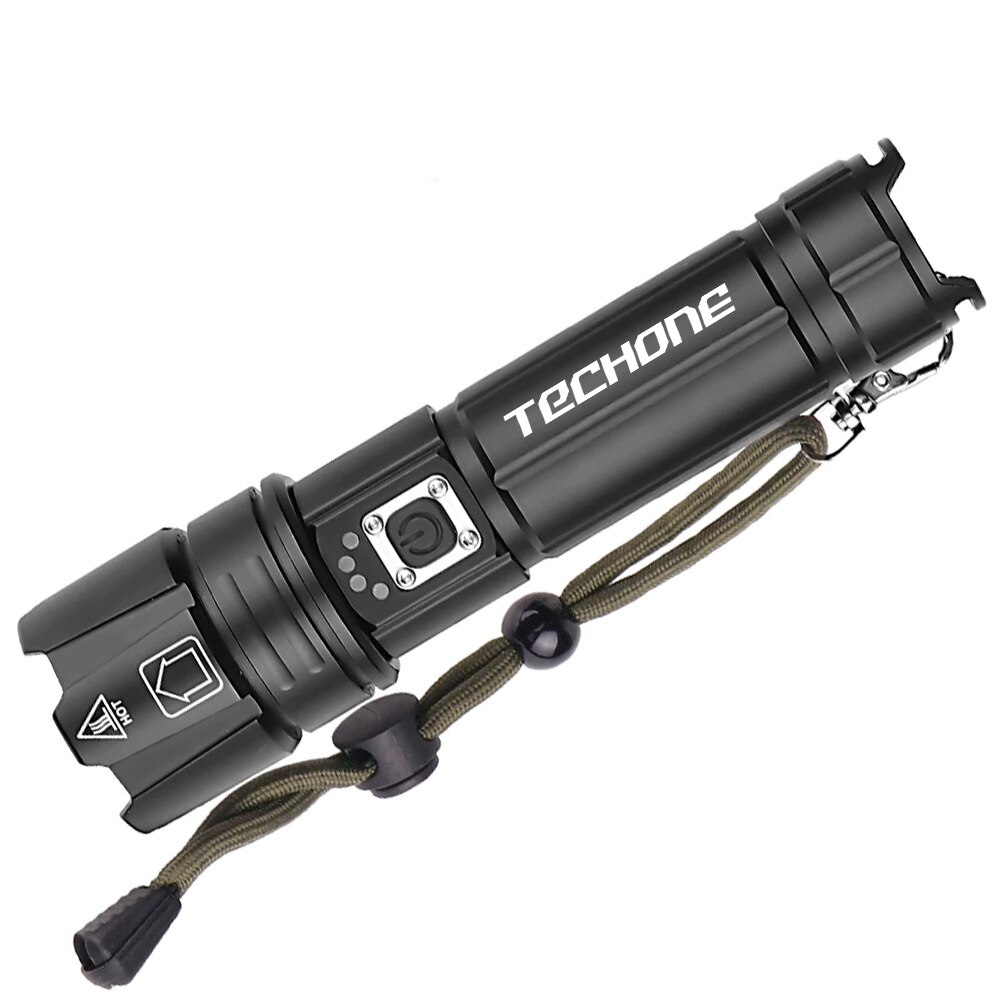 Lanterna LED Techone® SK1909, din aluminiu, sursa XHP70.2 Ultra-Bright, profesionala, focus ajustabil, acumulator inclus, rezistenta la apa, incarcare USB, 3500 lumeni, 5 moduri lumina, negru