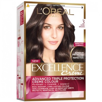 Vopsea de Par Permanenta L'OREAL Paris Excellence Creme 3, Saten Inchis, 192 ml Vopsea de Par Permanenta L'OREAL Paris Excellence Creme 3, Saten Inchis, 192 ml