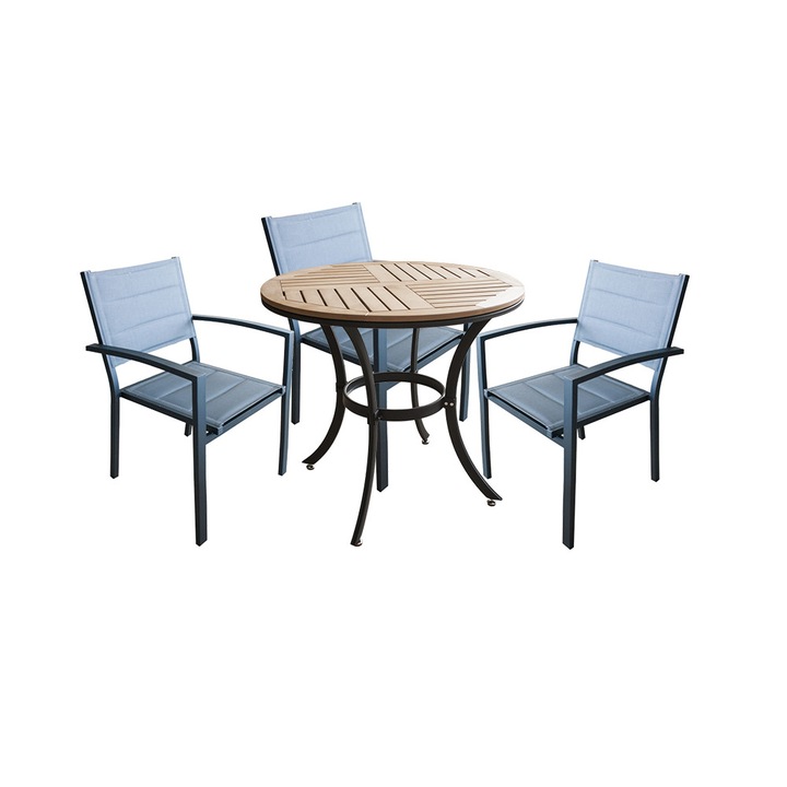 Set mobiler pentru terasa, gradina RAKI HUNA masa rotunda polywood 80xh72cm cu 3 scaune cu brate din panza dubla cu cadru aluminiu