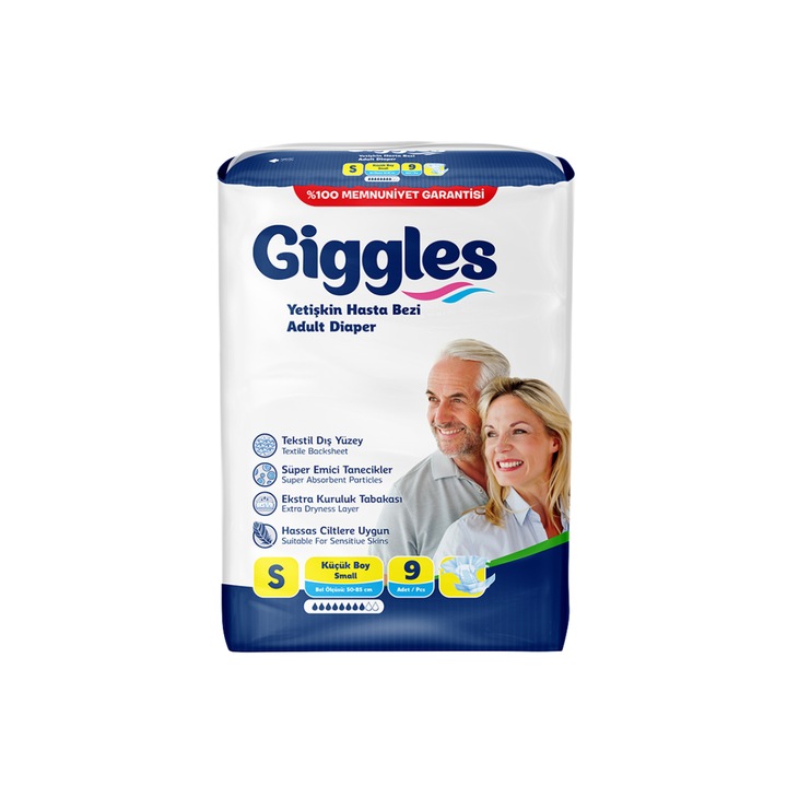 Scutece adulti, Giggles Adult, marimea S, 50-85 cm, 9 buc, pachet Standard