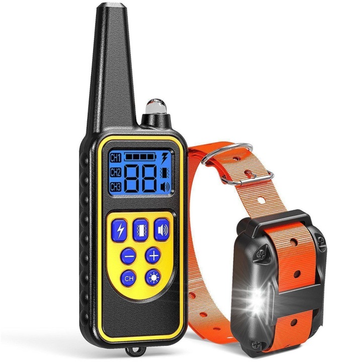 Акумулаторен електрически нашийник за обучение на кучета, 800 м, Устойчивост на дъжд и прах, Регулируема обиколка 21-68 см, Дълъг обхват, Оранжев