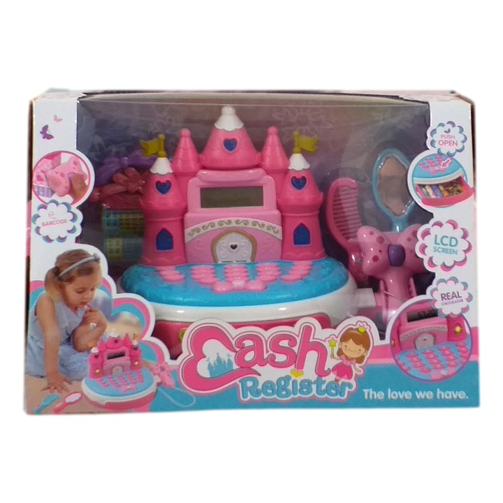 Casa de Marcat, Model Castel Printese, include calculator real, Scanner de Produse si Multiple accesorii de infrumusetare fetite, Roz