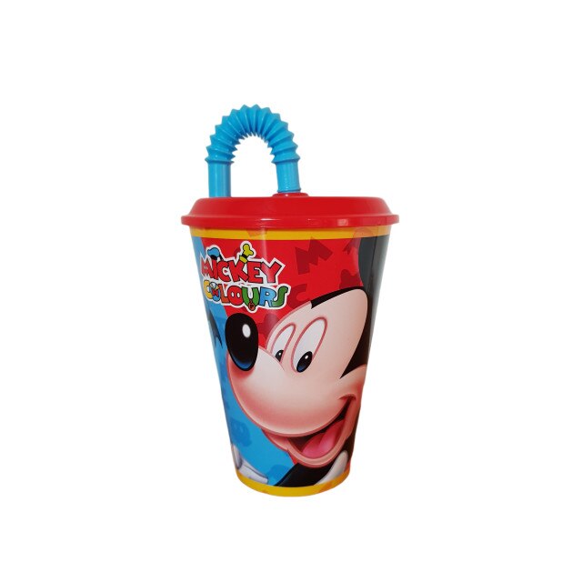 Pahar realizat din material plastic 16 cm design Mickey Mouse cu capac si pai