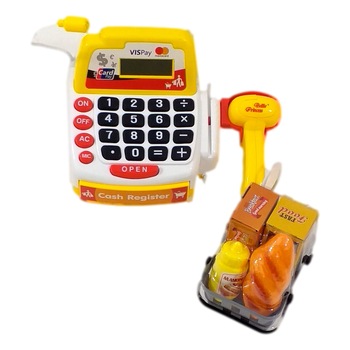 Jucarie Casa de Marcat cu Alimente si Bani, Scanner, Plata cu cardul, 17 accesorii Jucarie Casa de Marcat cu Alimente si Bani, Scanner, Plata cu cardul, 17 accesorii