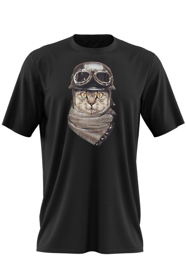 Tricou Negru Adulti Pisica Biker