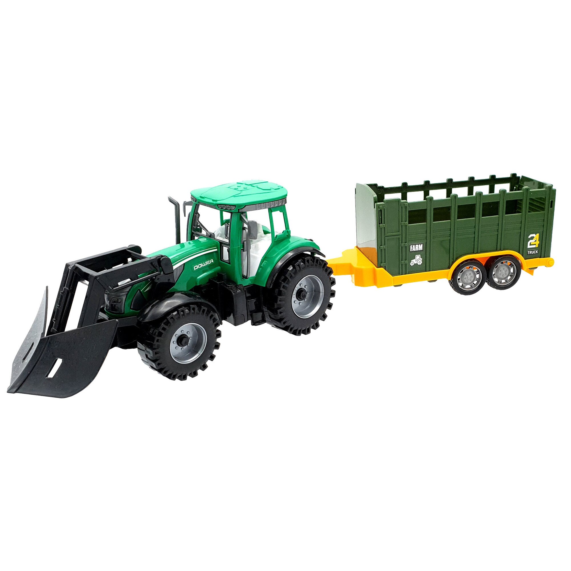 Tractor agricol de jucarie cu lama-plug si remorca, actionare prin frictiune, 50 cm