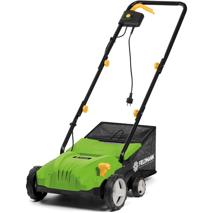 Електрически култиватор 2 in 1 Fieldmann FZV 2004-E, Мощност 1500 W, Работна ширина 32 см, Колекторна торба 40 л, 4 стъпки на скарифициране, Височина на скарифициране -12/+ 4 мм, Функция гребане/скарифициране