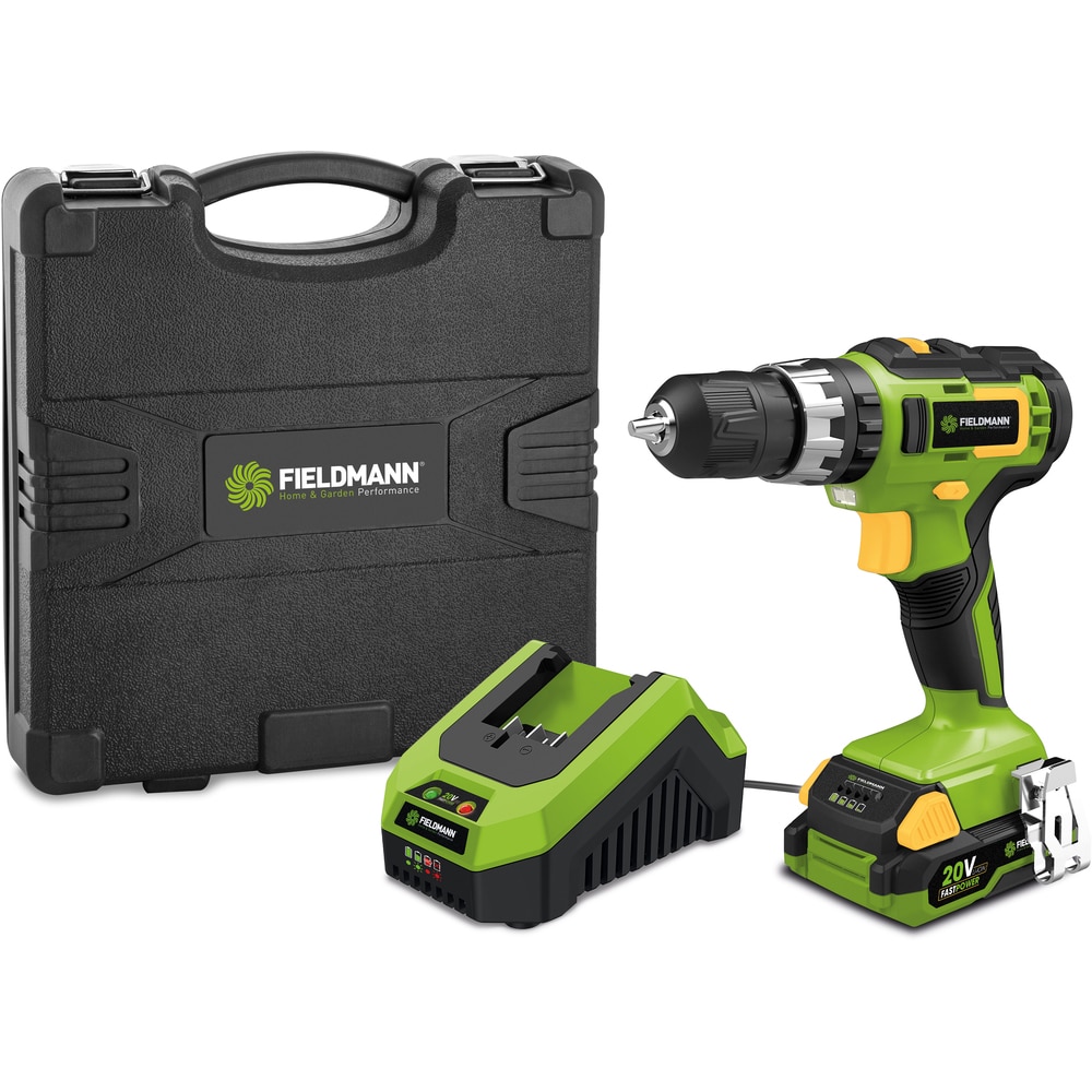 Set Masina de gaurit/insurubat + Baterie, Fieldmann, Li-Ion, 20 V, 2000 mAh, Verde/Negru