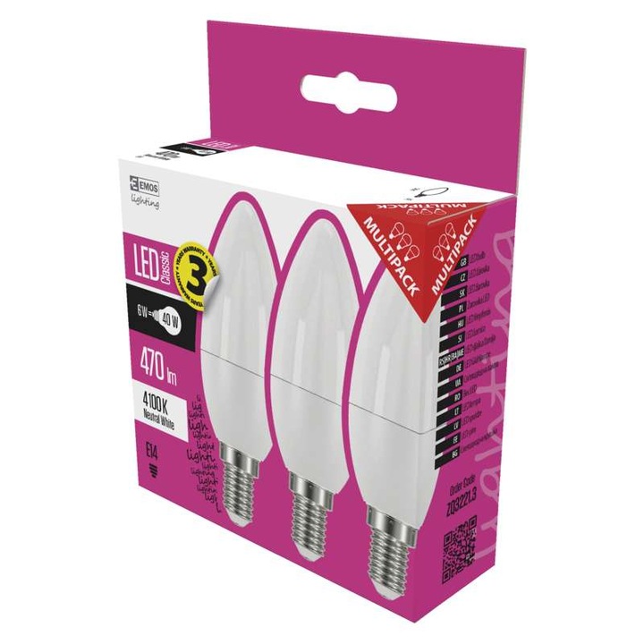 Emos LED крушка класическа свещ, E14, 6W, естествено бяла, 3 бр. (ZQ3221.3)