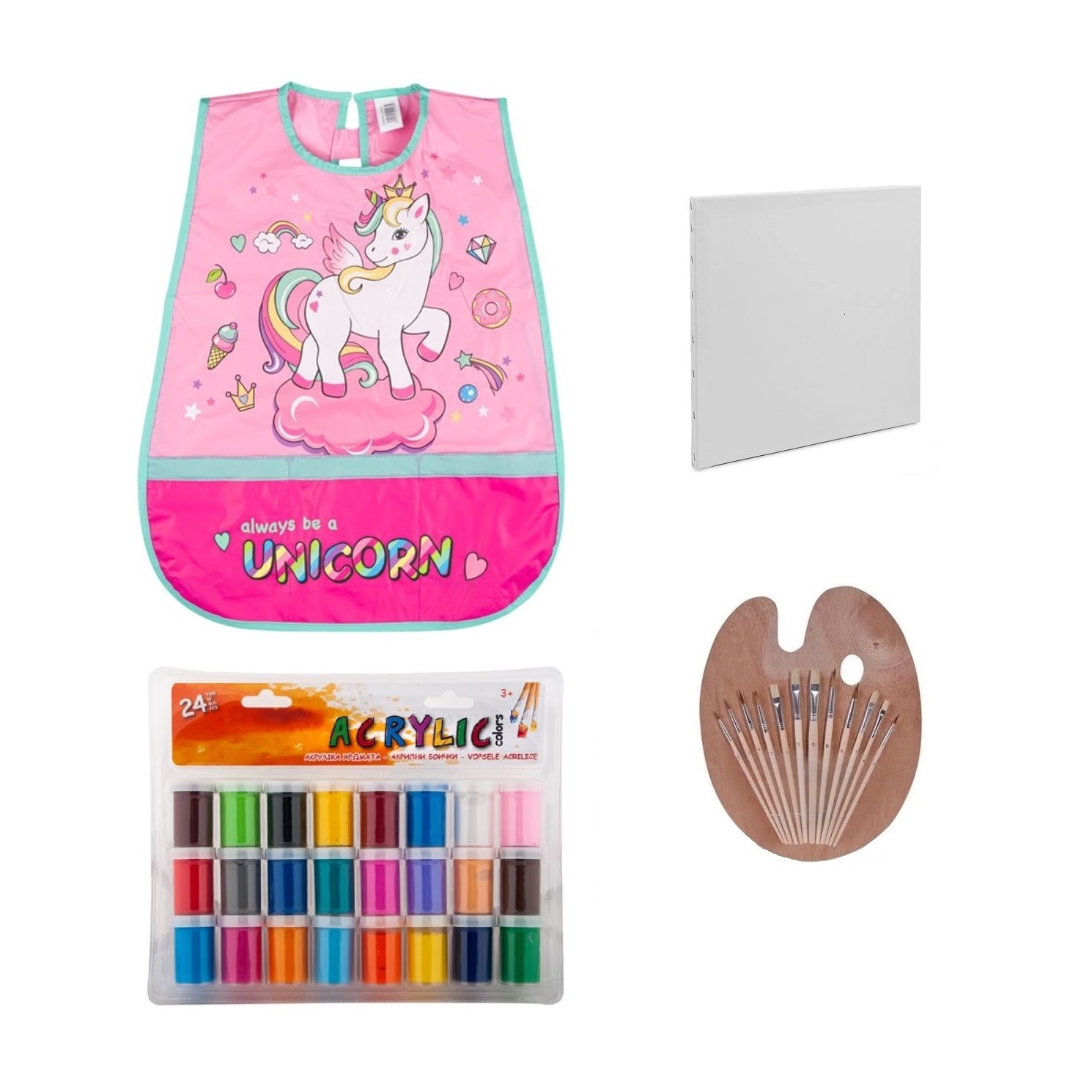 Set pictura format din Sort PINK UNICORN, 3 x Panza Canvas, Paleta si 12 pensule, Acuarele acrilice