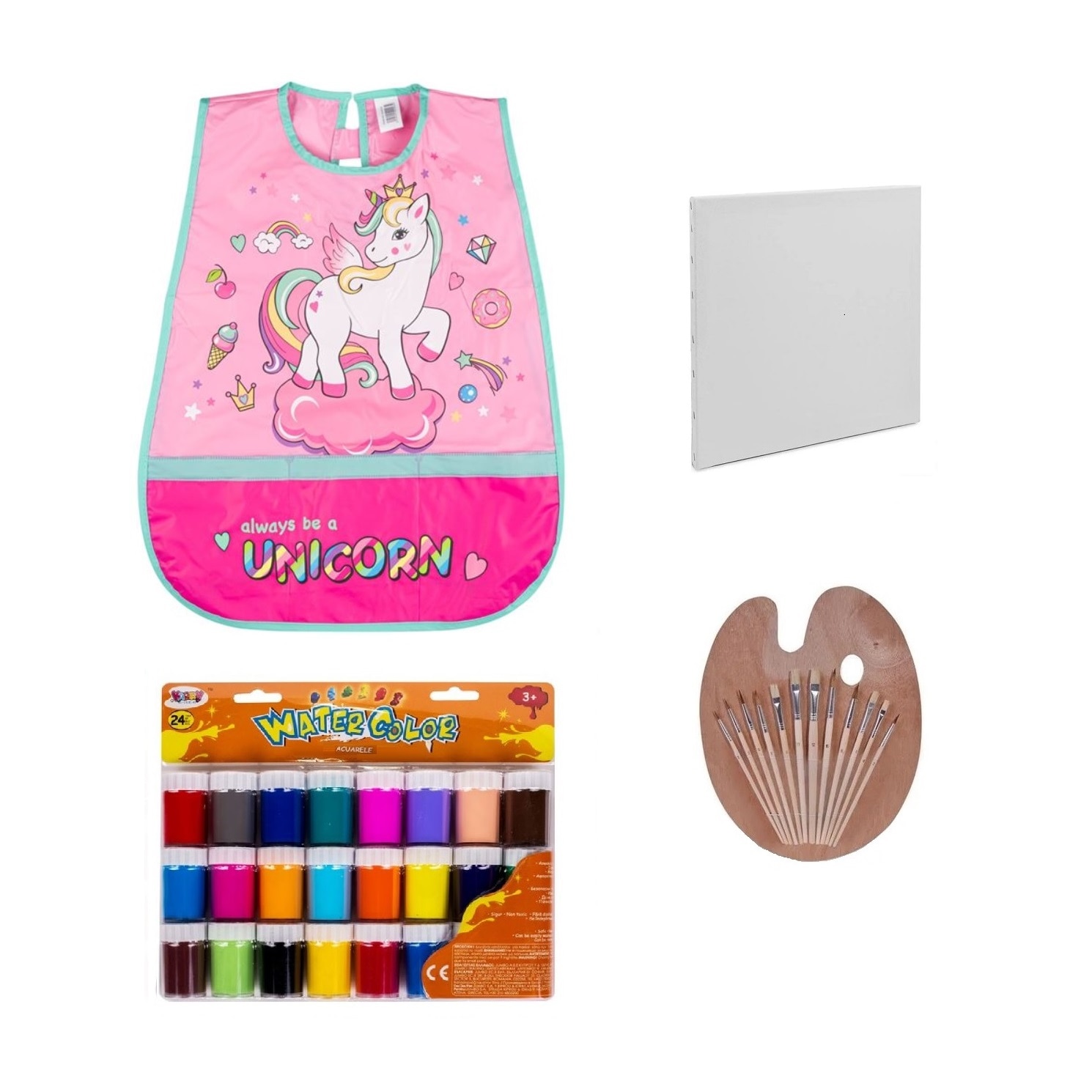Set pictura format din Sort PINK UNICORN, 3 x Panza Canvas, Paleta si 12 pensule, Acuarele pe baza de apa
