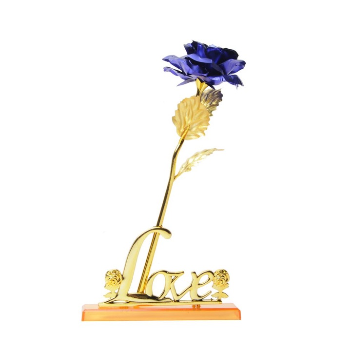 Trandafir albastru suflat cu aur, din plastic cu baza-suport text „Love”, cutie eleganta