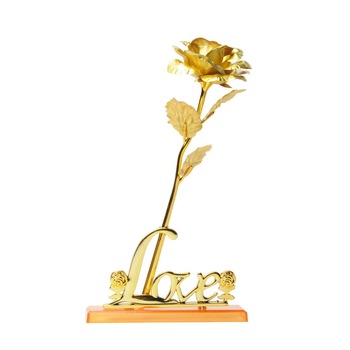 Trandafir auriu complet, suflat cu aur, din plastic cu baza-suport text „Love”, cutie eleganta Trandafir auriu complet, suflat cu aur, din plastic cu baza-suport text „Love”, cutie eleganta