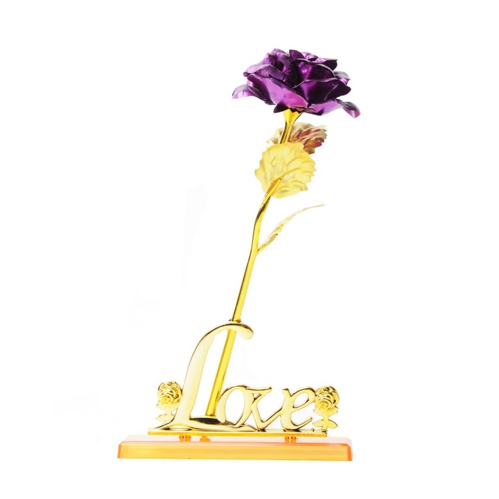 Trandafir violet suflat cu aur, din plastic cu baza-suport text „Love”, cutie eleganta