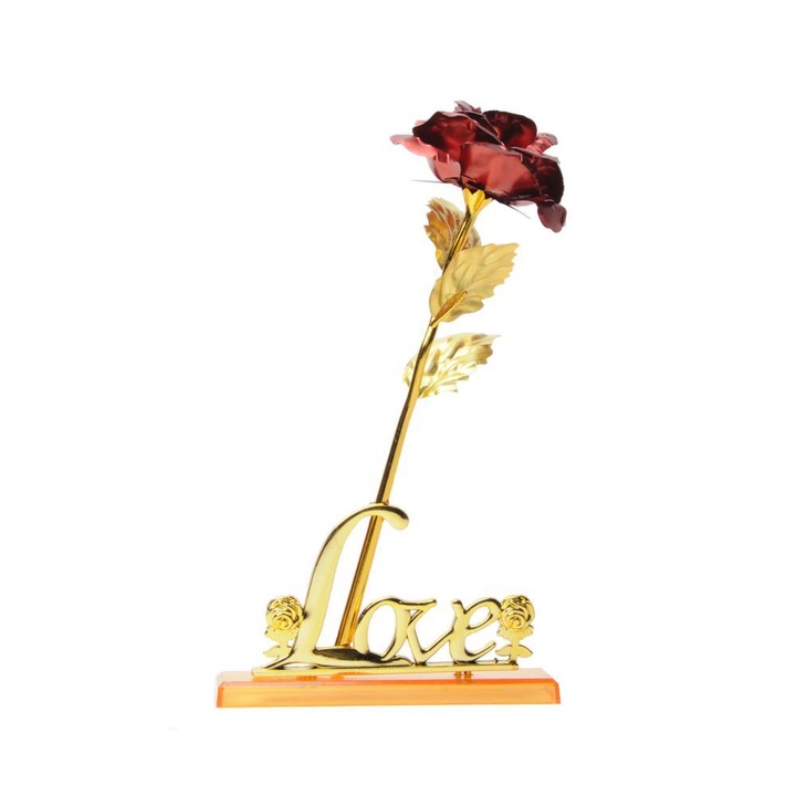 Trandafir rosu suflat cu aur, din plastic cu baza-suport text „Love”, cutie eleganta