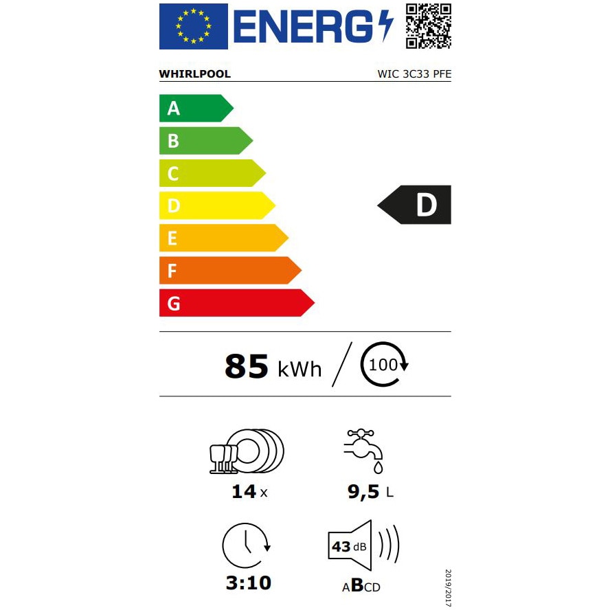 Masina de spalat vase incorporabila Whirlpool WIC3C33PFE, 14 seturi, 8 programe, Clasa D, PowerClean Pro, Tehnologia al 6-lea Simt, Motor Inverter, Sistem Natural Dry, 60 cm