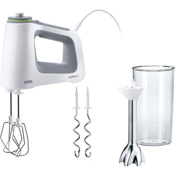 Mixer de mana Braun HM5107WH, 750 W, 9 viteze + Turbo, Pahar gradat 0.6L, Picior pasator inox, 2 palete, 2 carlige pentru aluat, Alb/Gri Mixer de mana Braun HM5107WH, 750 W, 9 viteze + Turbo, Pahar gradat 0.6L, Picior pasator inox, 2 palete, 2 carlige pentru aluat, Alb/Gri
