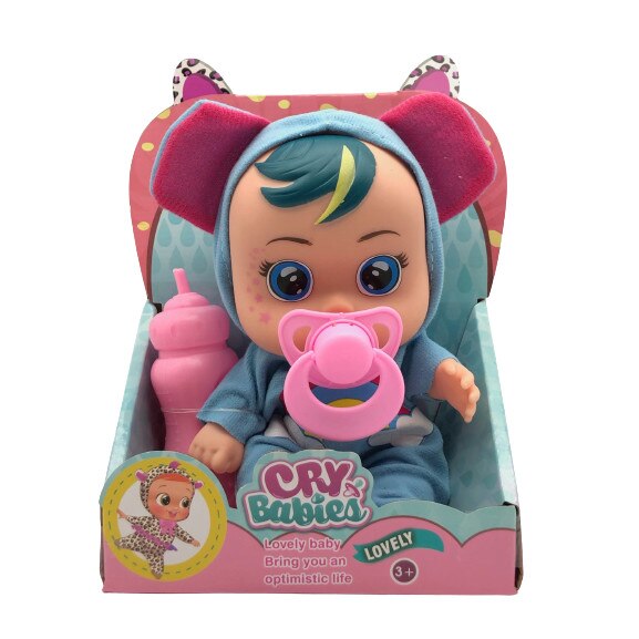 Papusa bebelus plangacios, Cry Babies, cu biberon si suzeta, cu hainuta bleu, pentru copii, 20 cm, + 3 ani