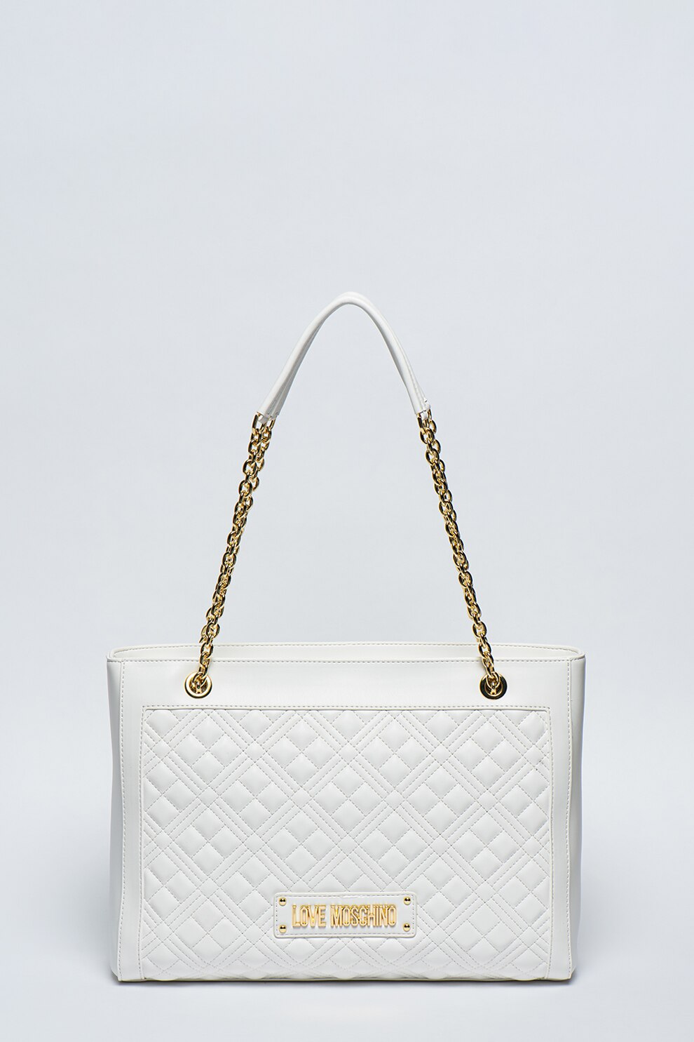 Love Moschino, Geanta de piele ecologica cu bareta si logo metalic, Alb optic