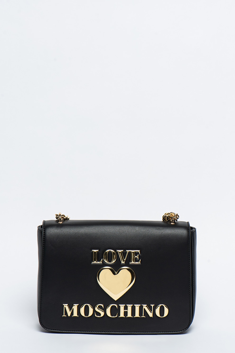 Love Moschino, Geanta de piele ecologica cu bareta si aplicatie cu logo metalic, Negru/Auriu