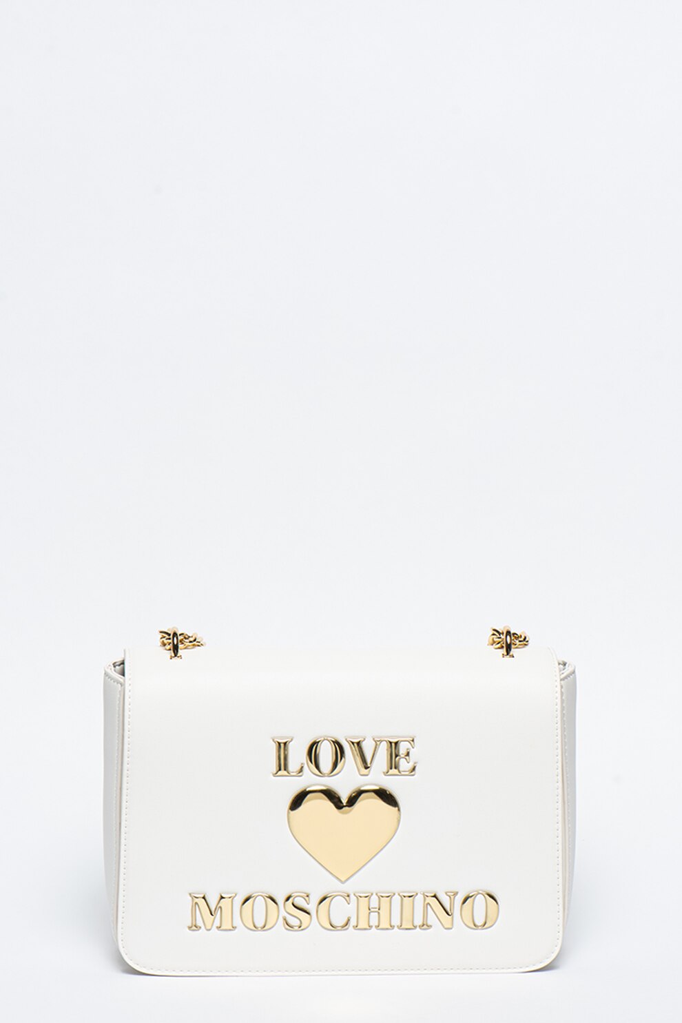 Love Moschino, Geanta de piele ecologica cu bareta si aplicatie cu logo metalic, Alb prafuit/Auriu